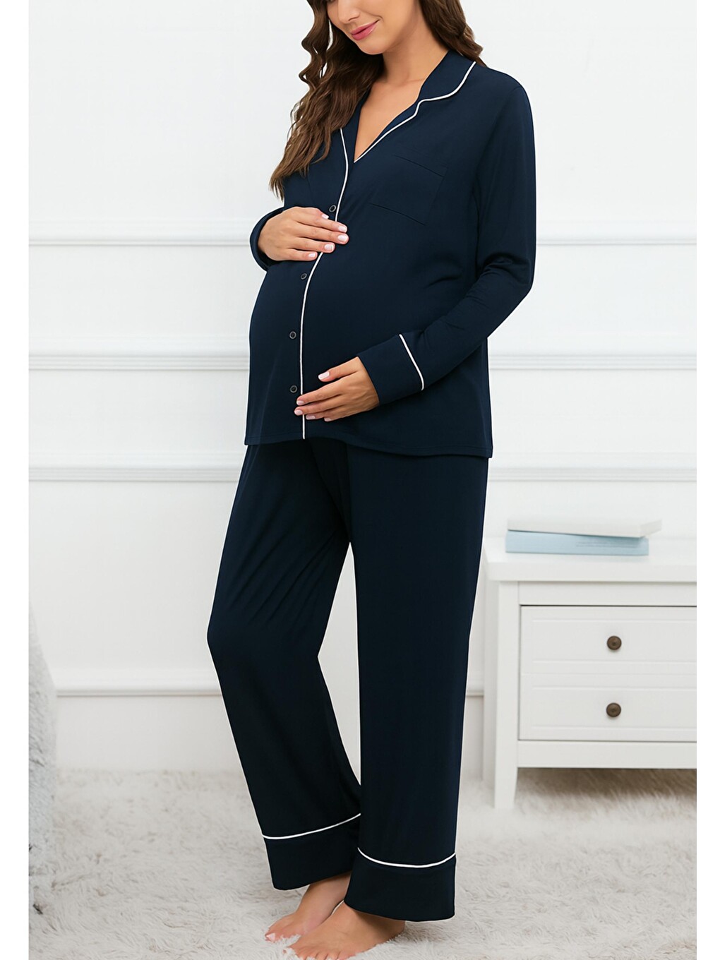 Lacivert Gömlek Yaka Önden Düğmeli Uzun Kol Rahat Form Hamile Ve Lohusa Pijama Takımı