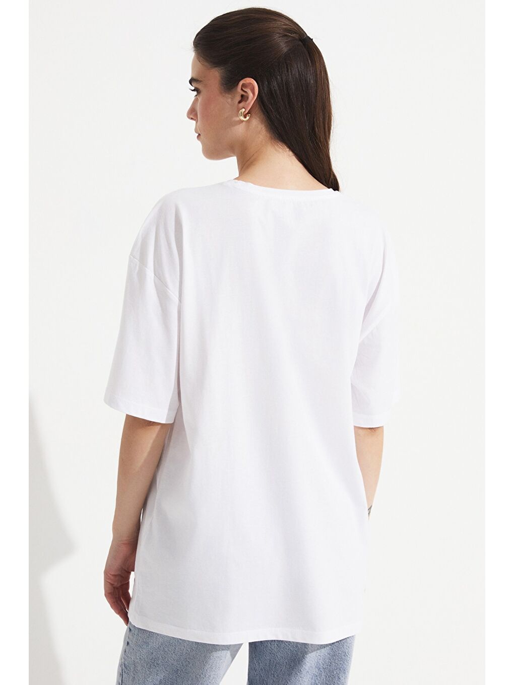 Beyaz Oversize %100 Pamuk Tişört-2