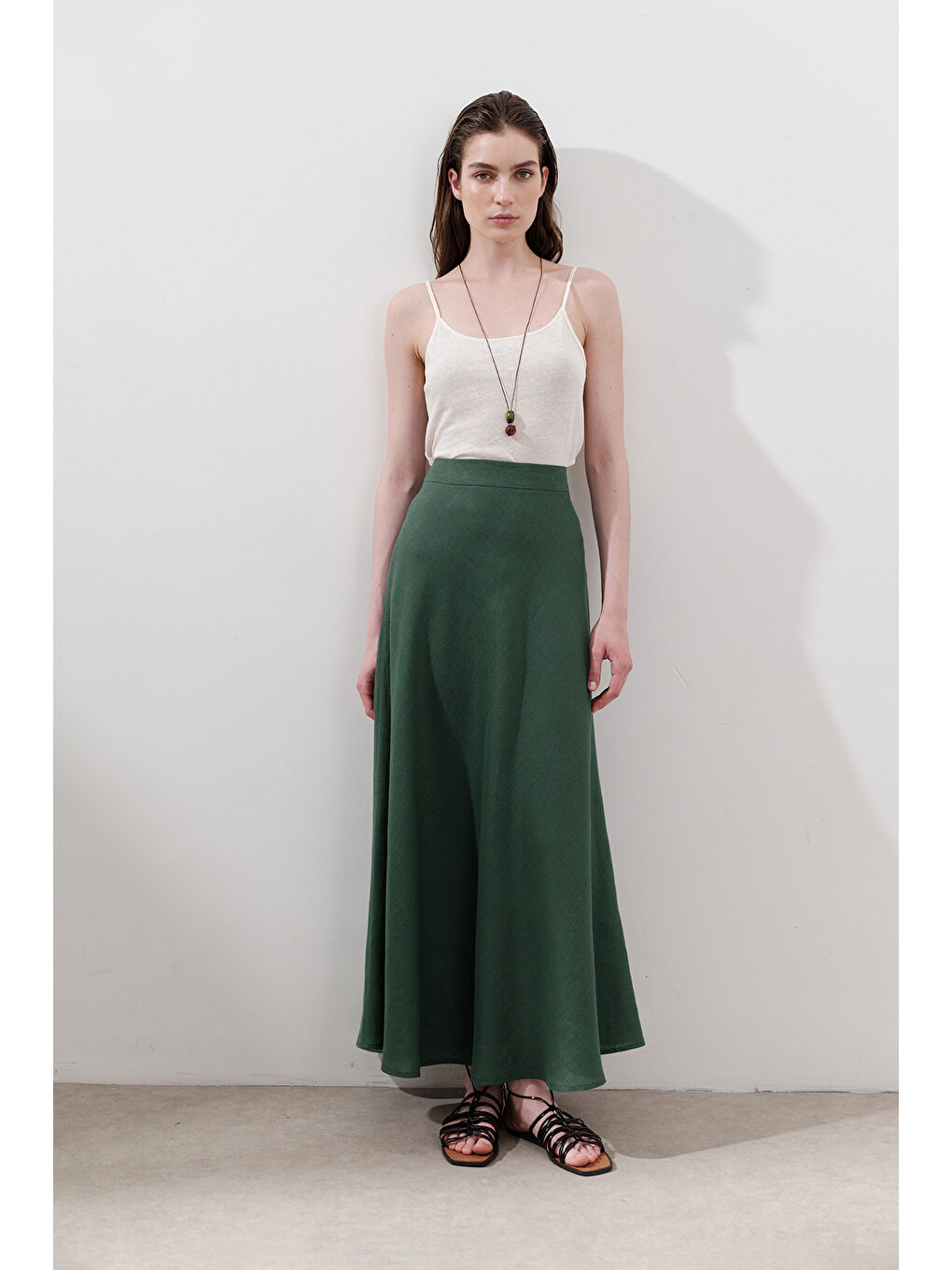 Keten Dikiş Detaylı Etek Petrol-4