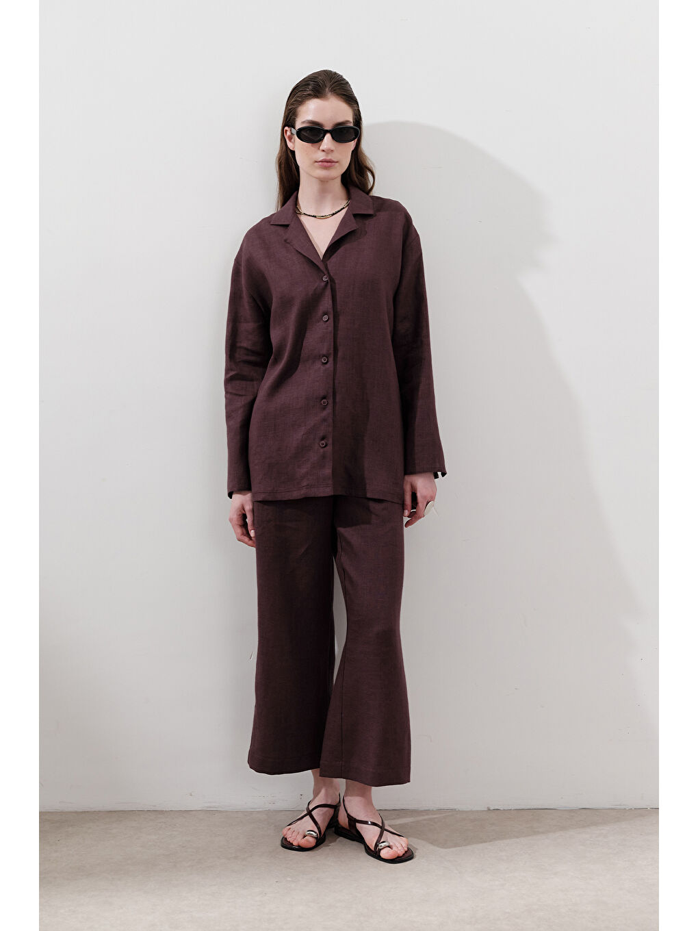 Keten Geniş Kollu Gömlek Mürdüm-4