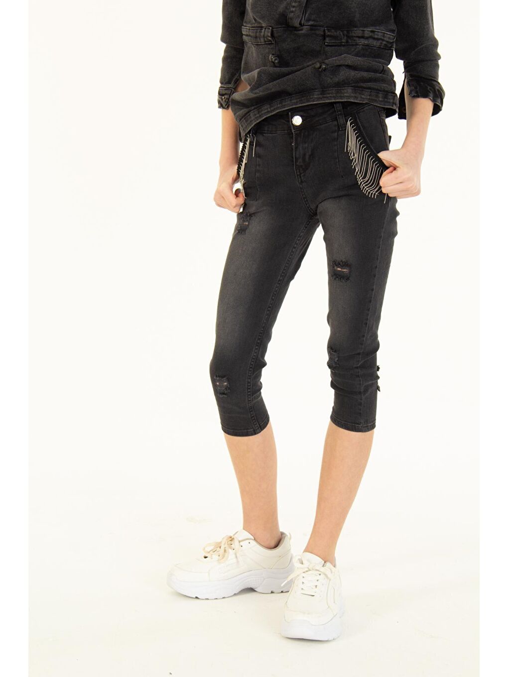 Siyah Kız Çocuk Cep Süslemeli Jean Kapri Pantolon 7-14 Yaş-2