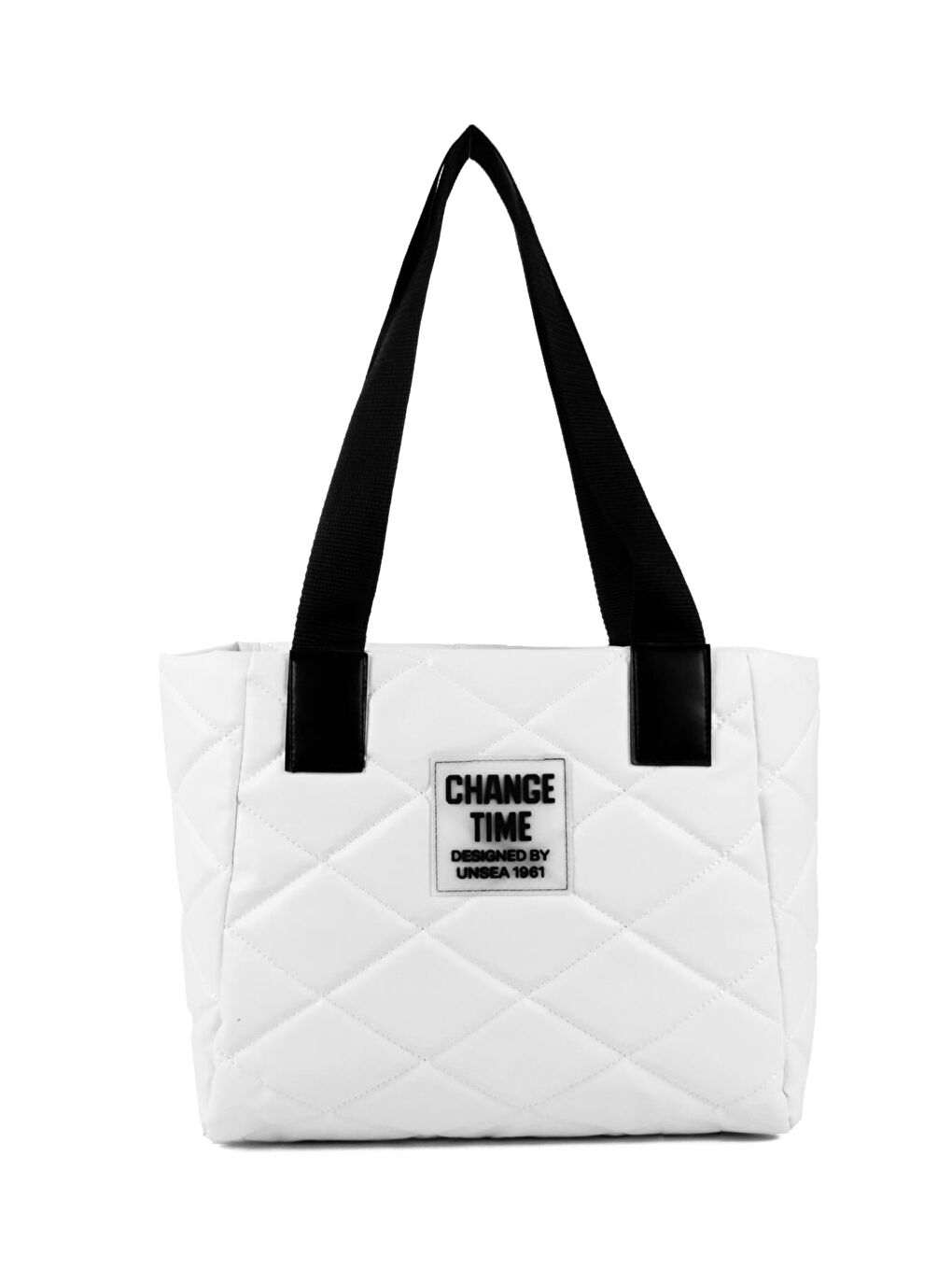 Beyaz Kadın Kapitoneli Yazı Detaylı Şişme Tarz Kolon Askılı Tote Omuz Çanta (20776)-1