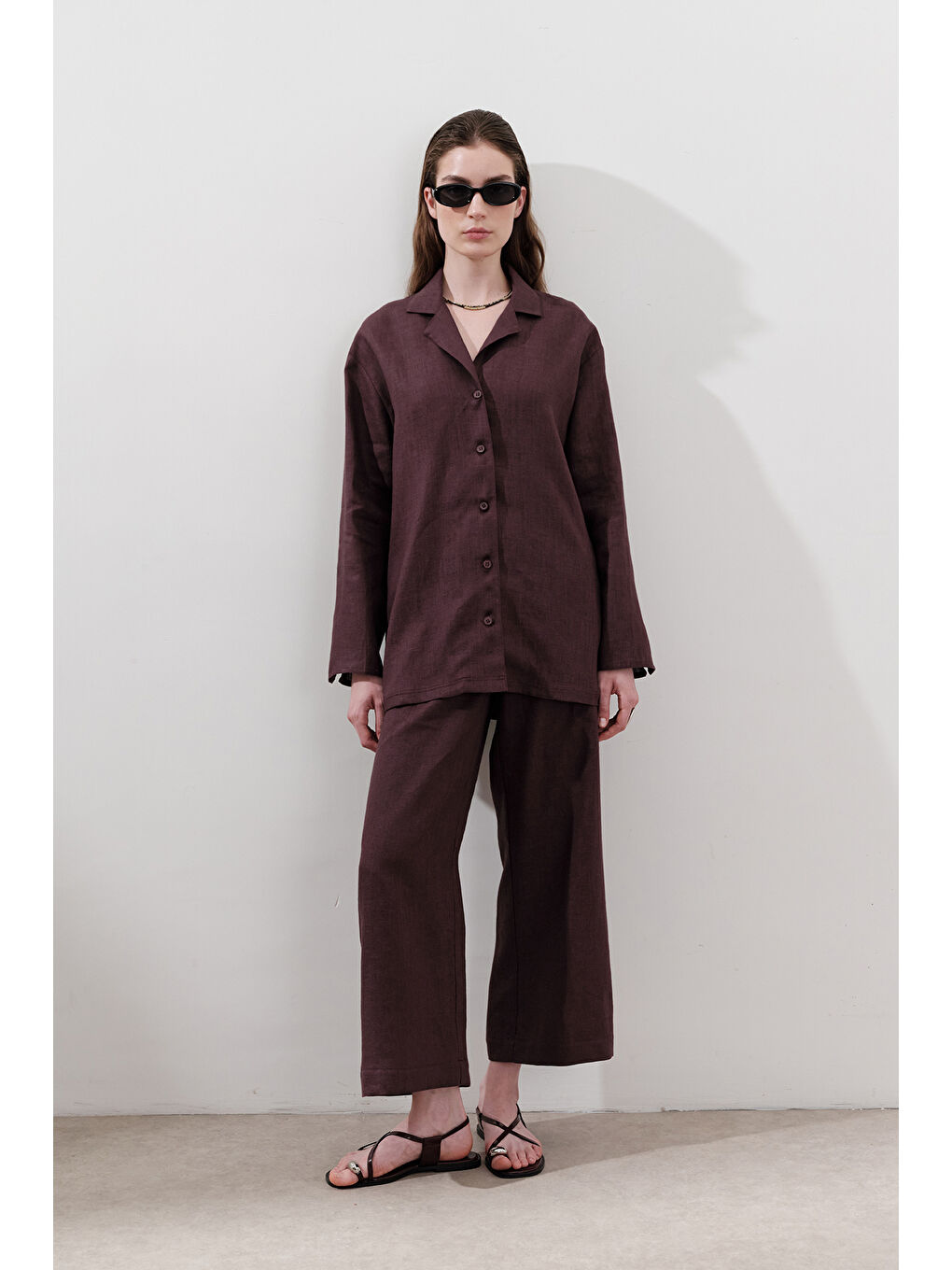 Keten Geniş Kollu Gömlek Mürdüm-5