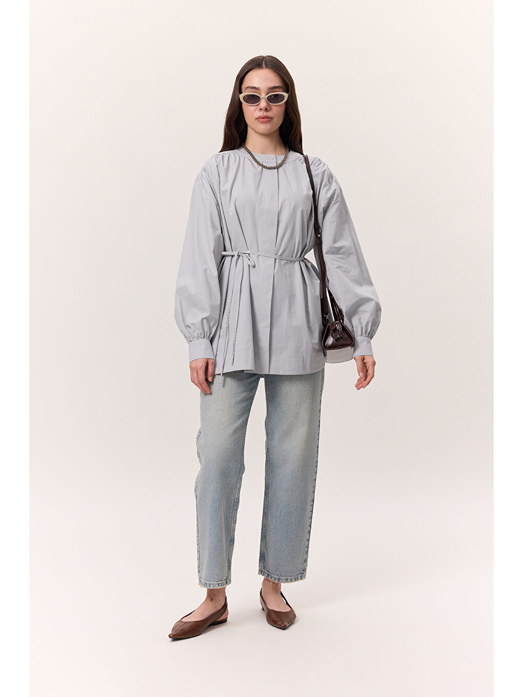 Büzgü Detaylı Geniş Gömlek Buz Mavi-6