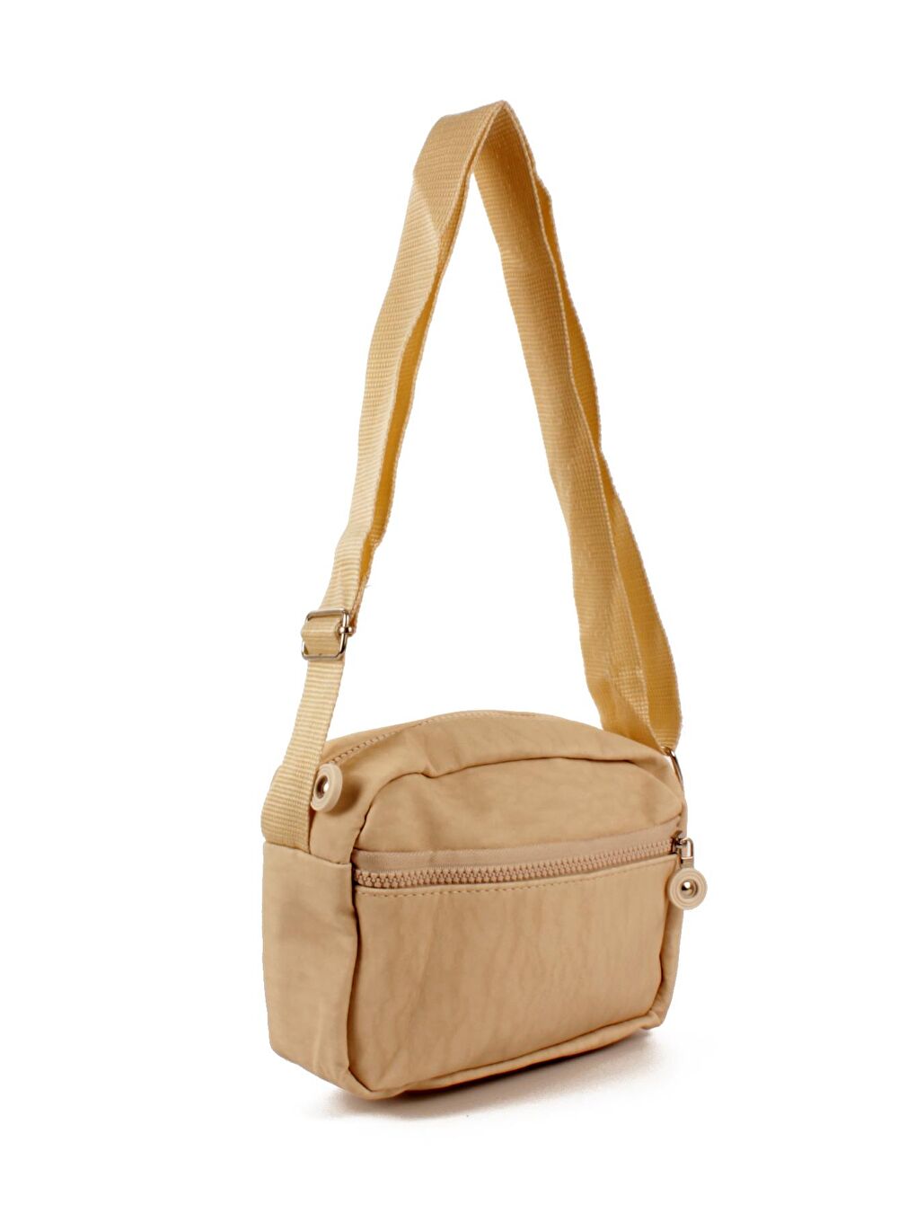 Ekru Kadın Krinkıl Üç Bölmeli Fermuarlı Kolon Askılı Omuz Çantası (20764)-1