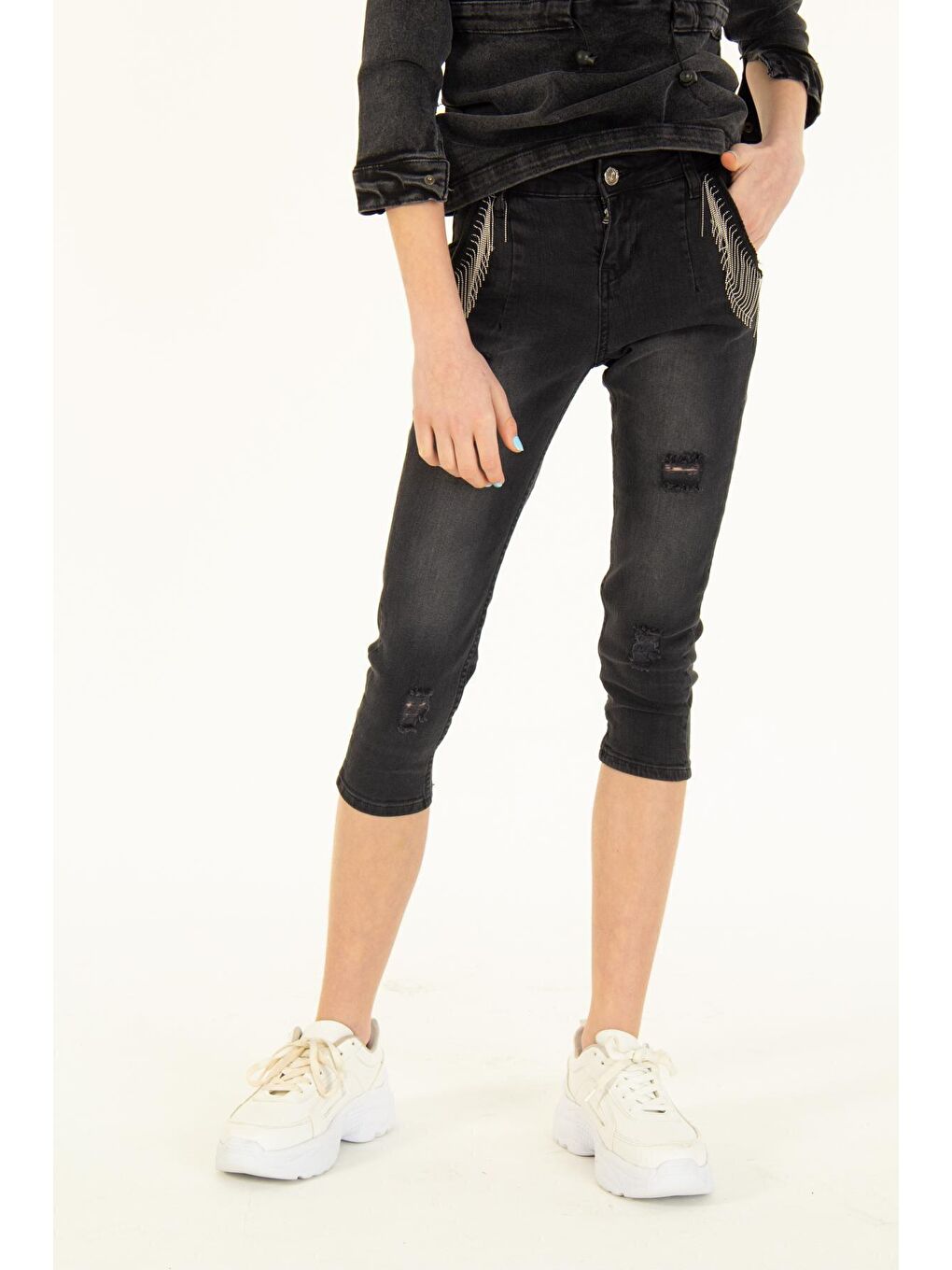 Siyah Kız Çocuk Cep Süslemeli Jean Kapri Pantolon 7-14 Yaş-3