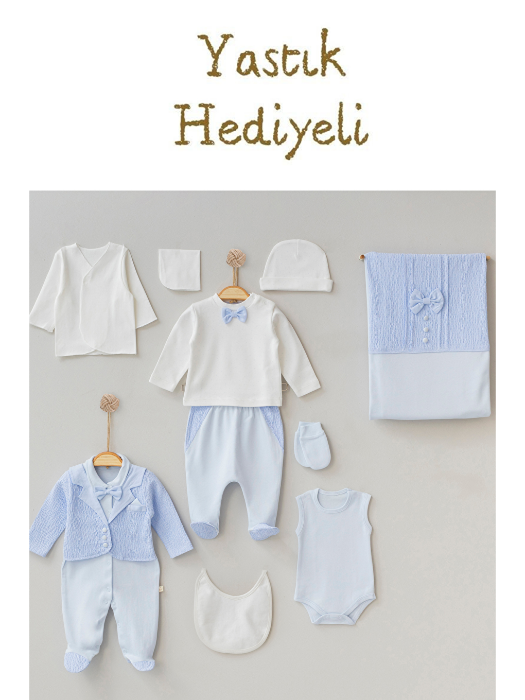 Mavi Yenidoğan Erkek Bebek Gofreli Papyonlu 10 Parça Hastane Çıkışı Zıbın Set Yastık Hediyeli