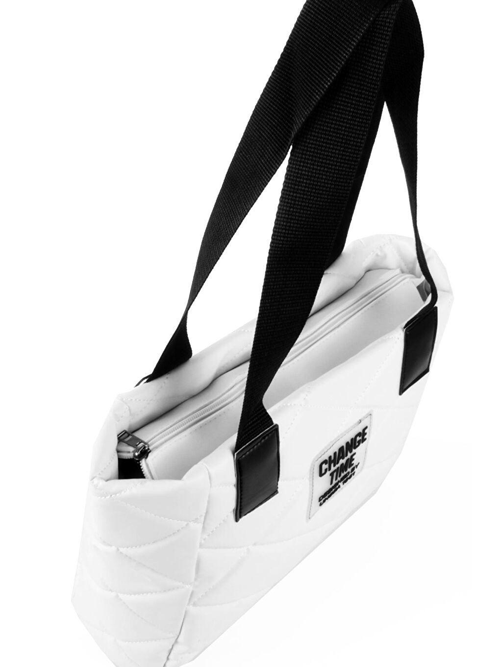 Beyaz Kadın Kapitoneli Yazı Detaylı Şişme Tarz Kolon Askılı Tote Omuz Çanta (20776)-2