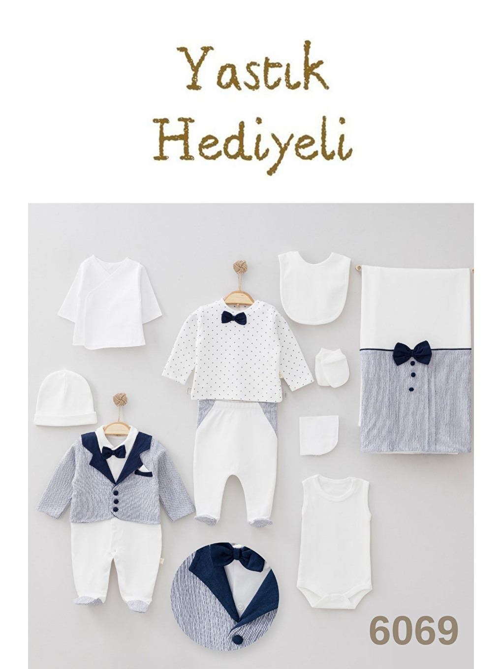 Lacivert Yenidoğan Erkek Bebek Gofreli Papyonlu 10 Parça Hastane Çıkışı Zıbın Set Yastık Hediyeli-1