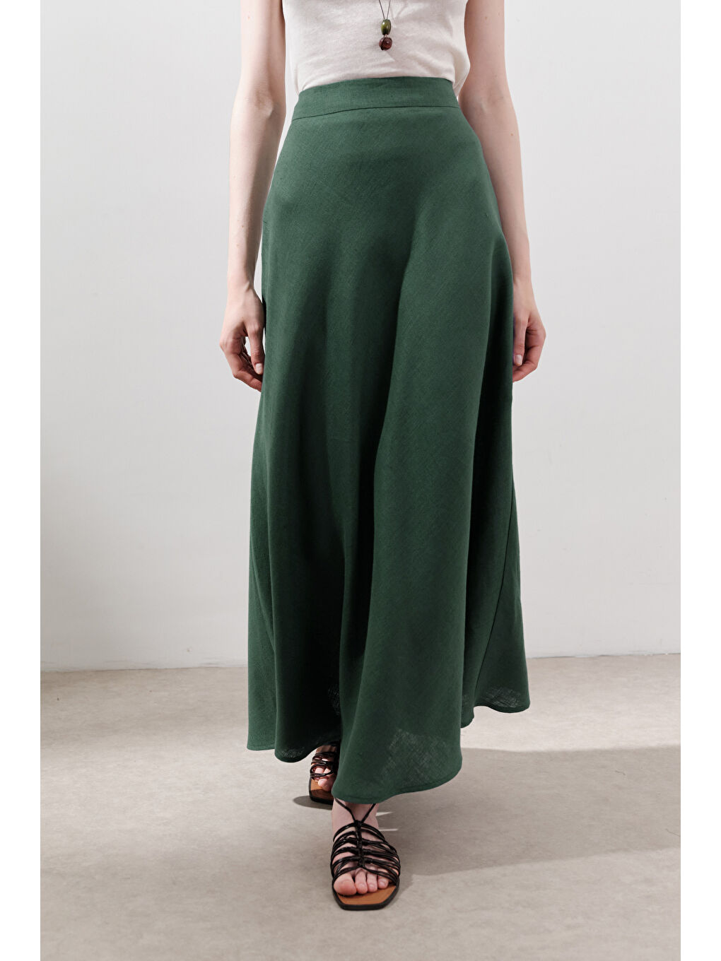 Keten Dikiş Detaylı Etek Petrol-5