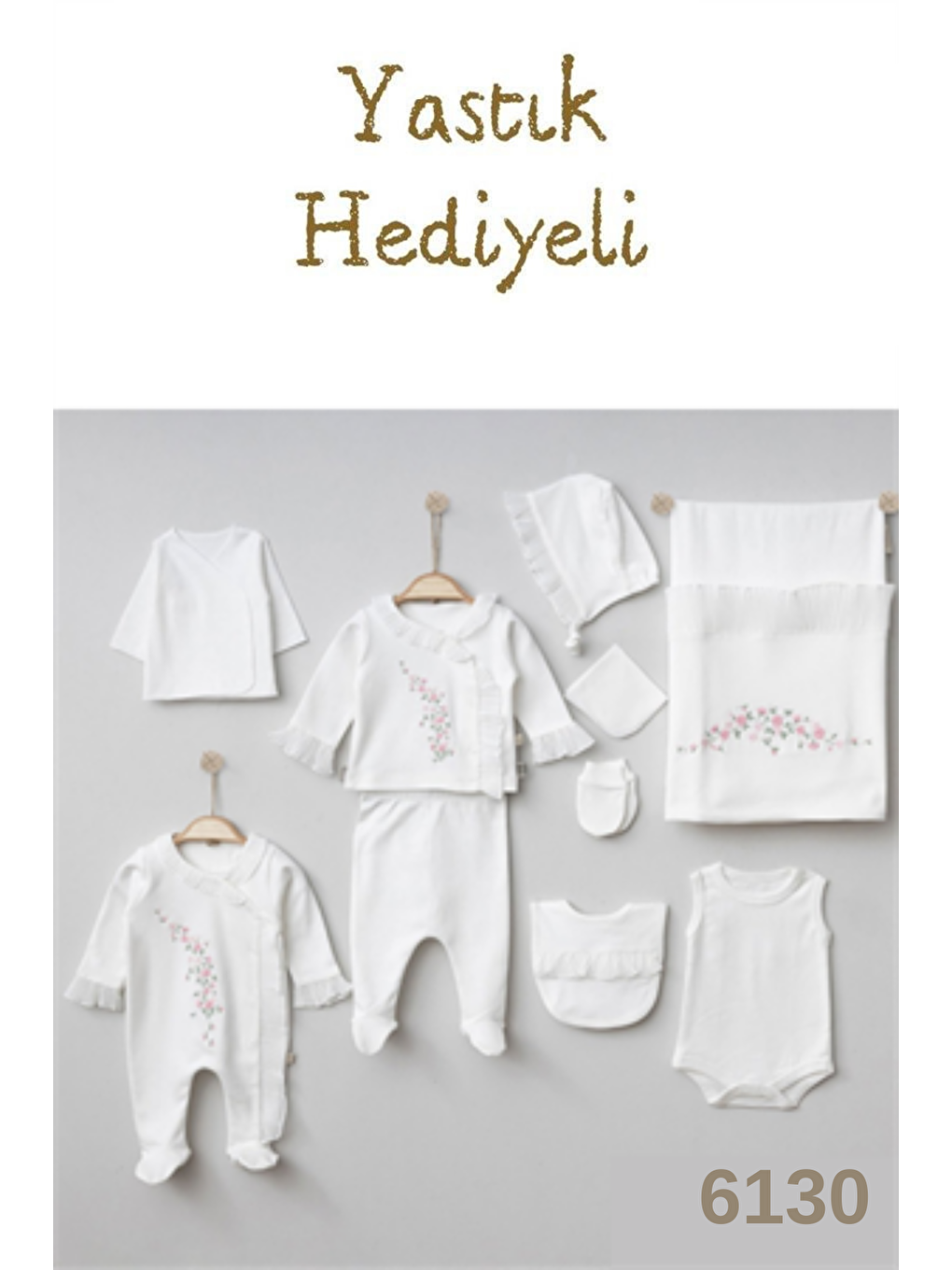 Beyaz Yenidoğan Kız Bebek Pamuklu Pliseli Çiçek Nakışlı 10 Parça Hastane Çıkışı Zıbın Set Yastık Hediyeli