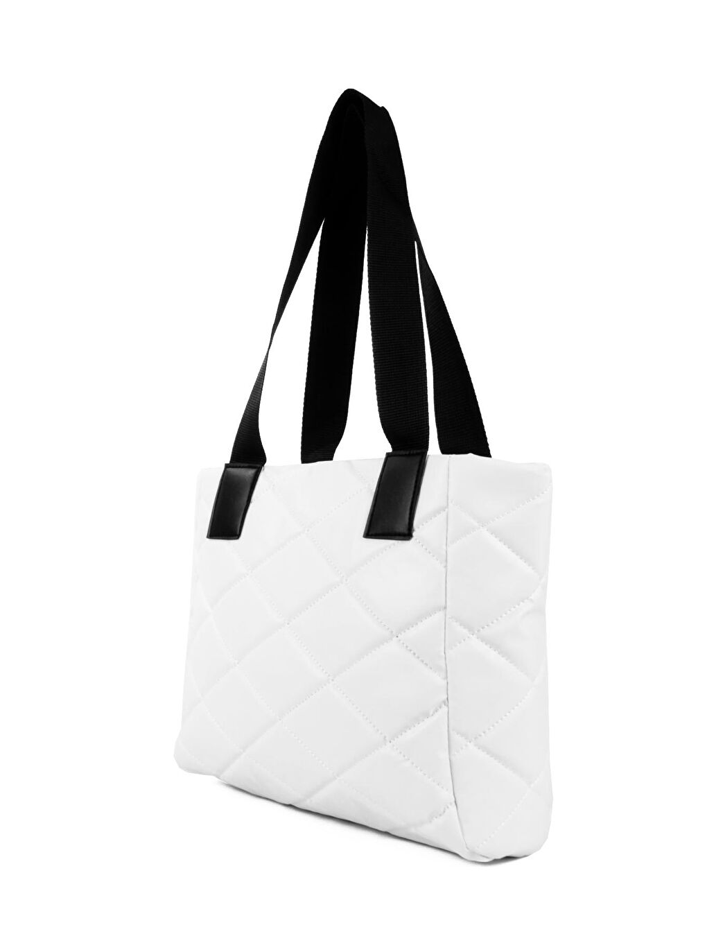 Beyaz Kadın Kapitoneli Yazı Detaylı Şişme Tarz Kolon Askılı Tote Omuz Çanta (20776)-3