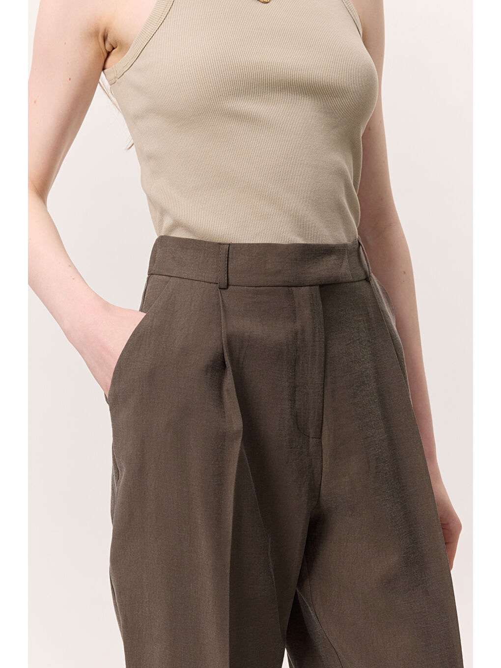 Lyocell Pileli Pantolon Kahverengi-4