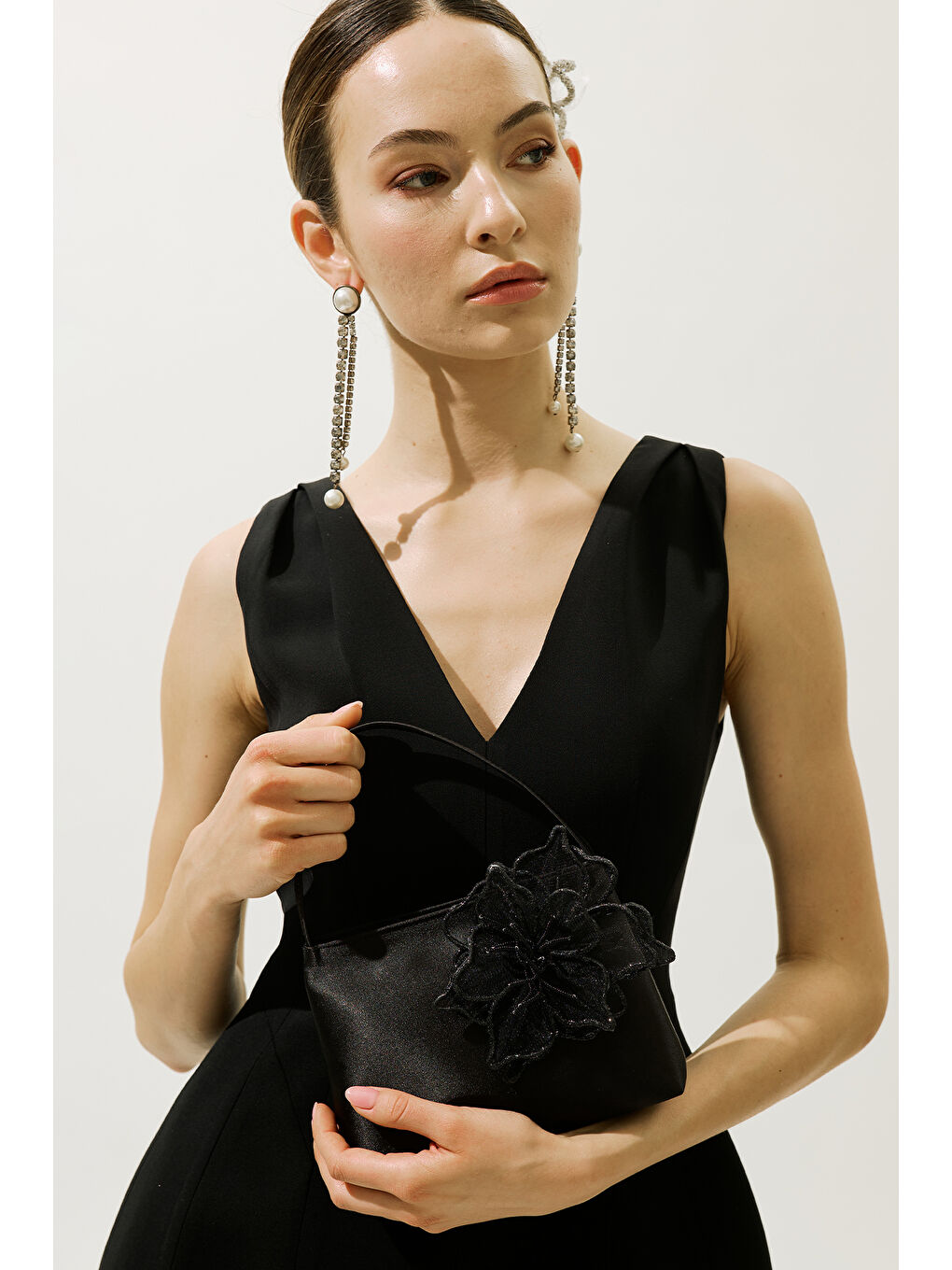 Çiçek Detaylı Mini Abiye Çanta Siyah-1