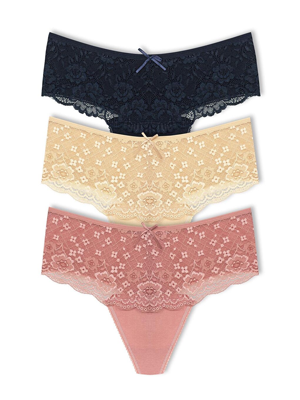 Bej Pamuklu Önü Dantel Yüksek Bel Tanga Kadın Külot 3'lü
