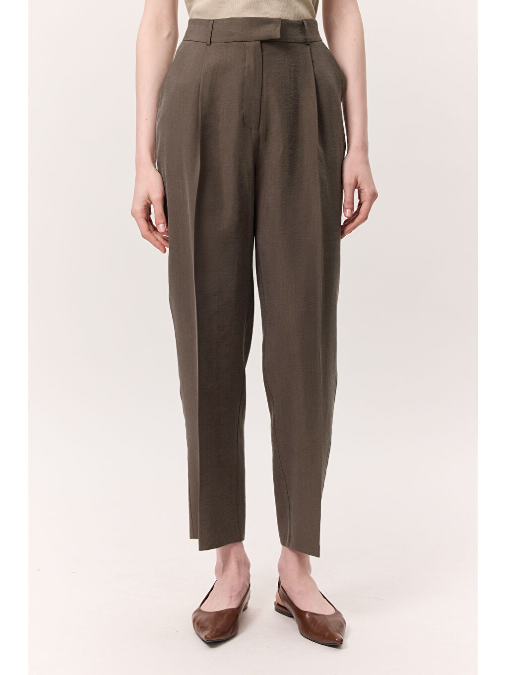 Lyocell Pileli Pantolon Kahverengi-5