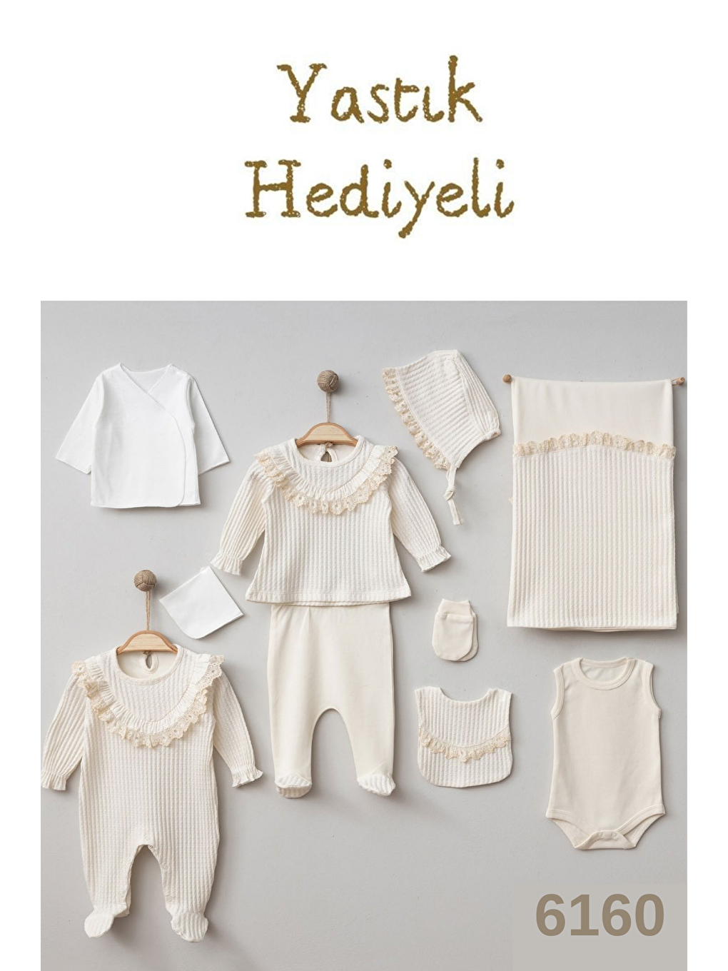 Ekru Yenidoğan Kız Bebek Dantelli Jakarlı Natural 10 Parça Hastane Çıkışı Zıbın Set Yastık Hediyeli-1