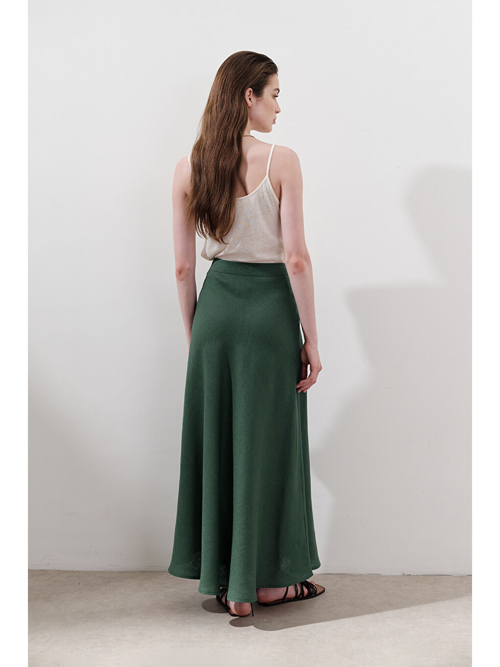 Keten Dikiş Detaylı Etek Petrol-6