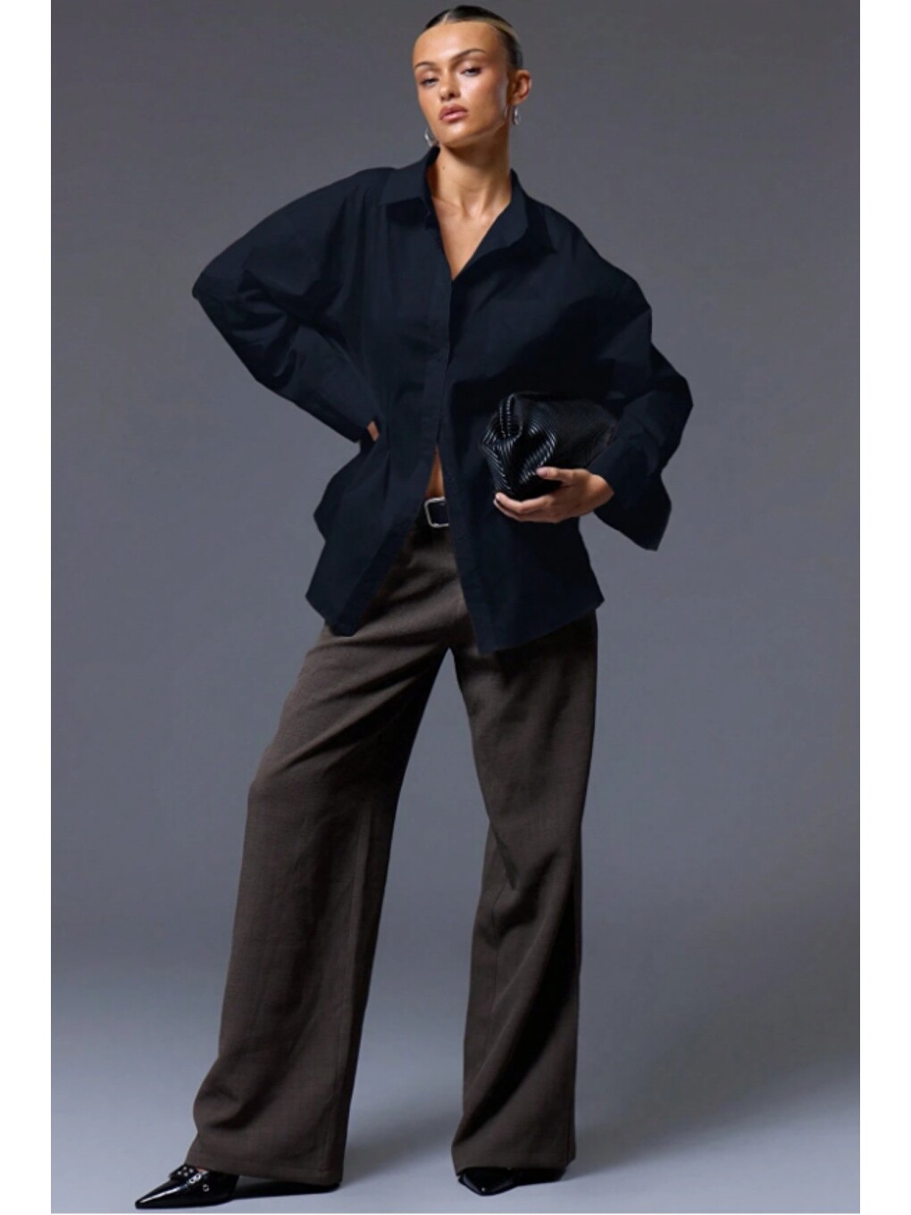 Lacivert Kadın Oversize Gömlek Uzun Kollu Basic Salaş Kesim Poplin Trend Günlük Gömlek
