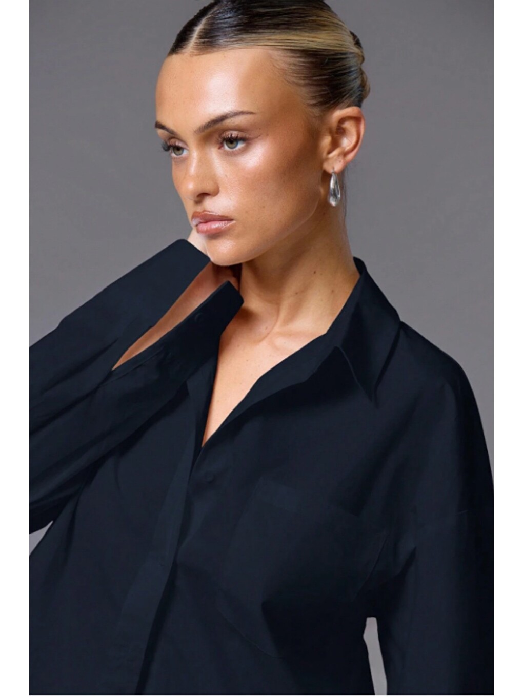 Lacivert Kadın Oversize Gömlek Uzun Kollu Basic Salaş Kesim Poplin Trend Günlük Gömlek-1