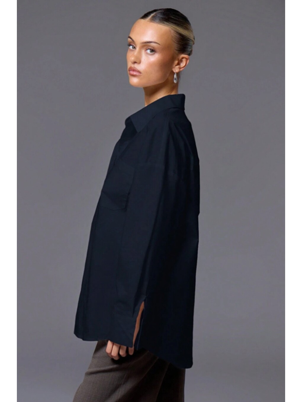 Lacivert Kadın Oversize Gömlek Uzun Kollu Basic Salaş Kesim Poplin Trend Günlük Gömlek-2