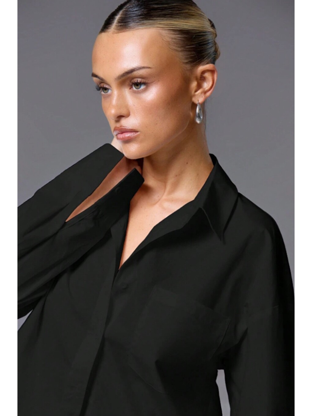 Siyah Kadın Oversize Gömlek Uzun Kollu Basic Salaş Kesim Poplin Trend Günlük Gömlek-1