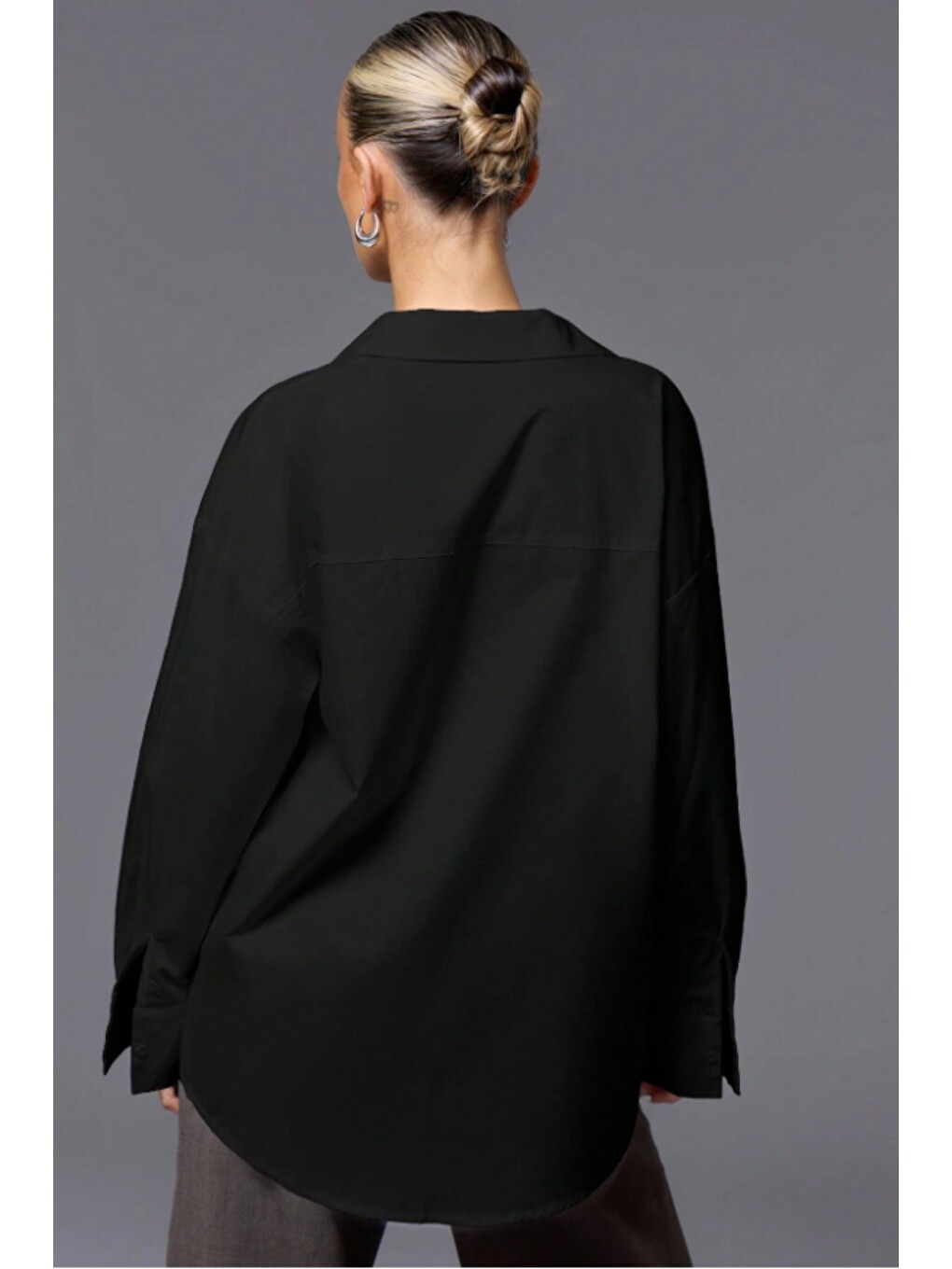 Siyah Kadın Oversize Gömlek Uzun Kollu Basic Salaş Kesim Poplin Trend Günlük Gömlek-3