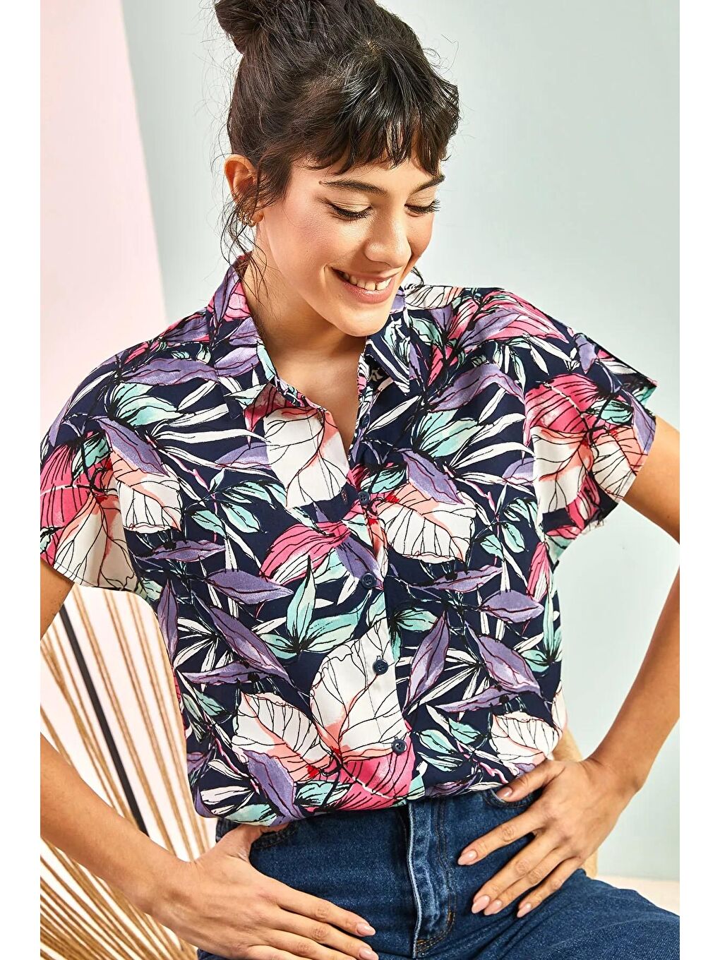 Lacivert Kadın Multi Desenli Yarasa Kol Gömlek