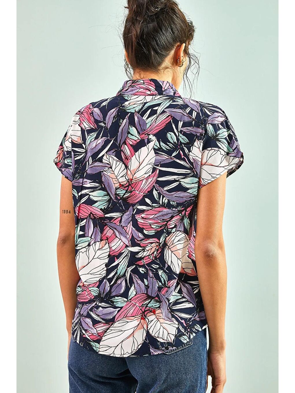 Lacivert Kadın Multi Desenli Yarasa Kol Gömlek-1