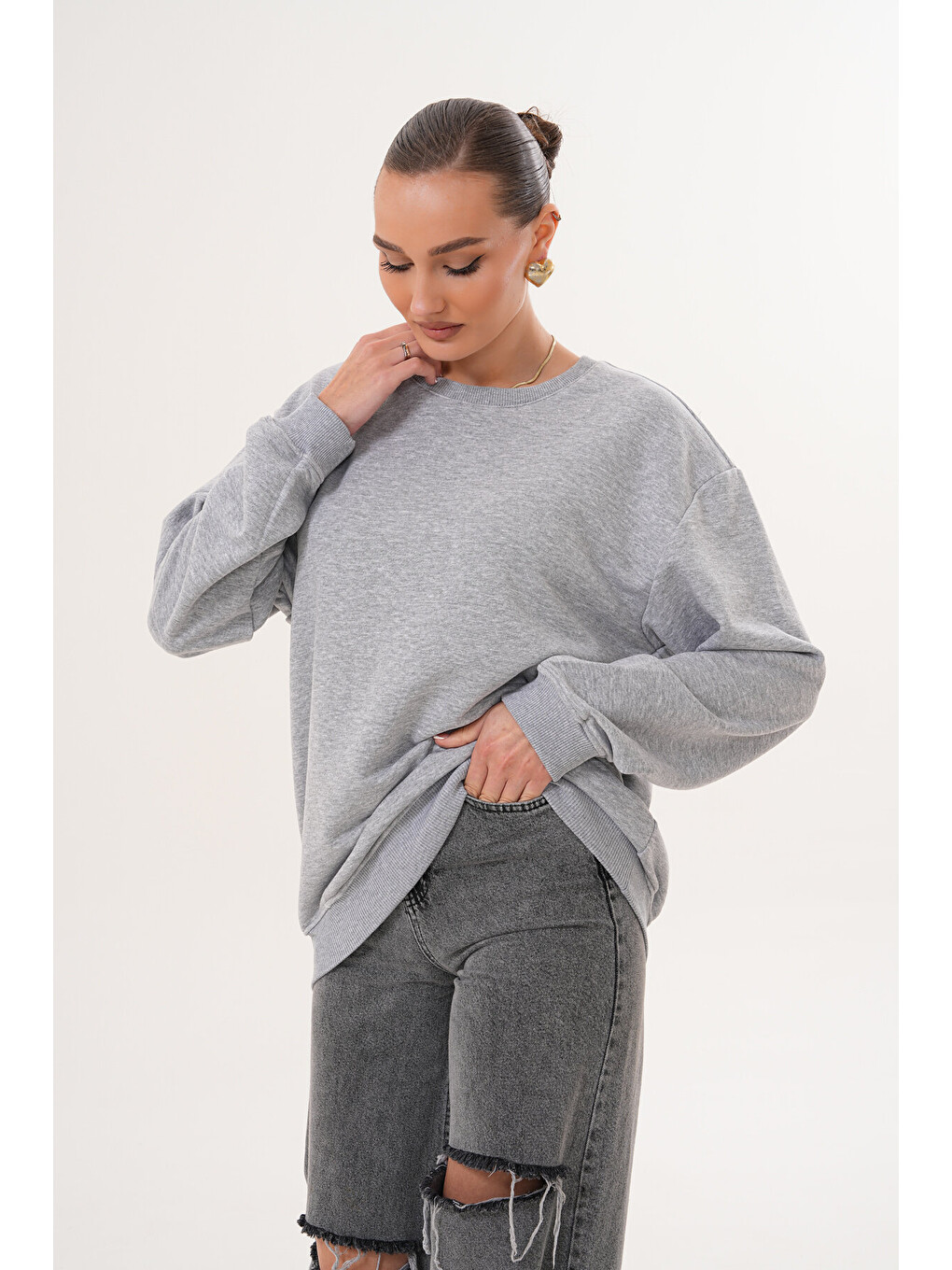 Gri Unisex Bisiklet Yaka %100 Pamuk Basic Sweatshirt