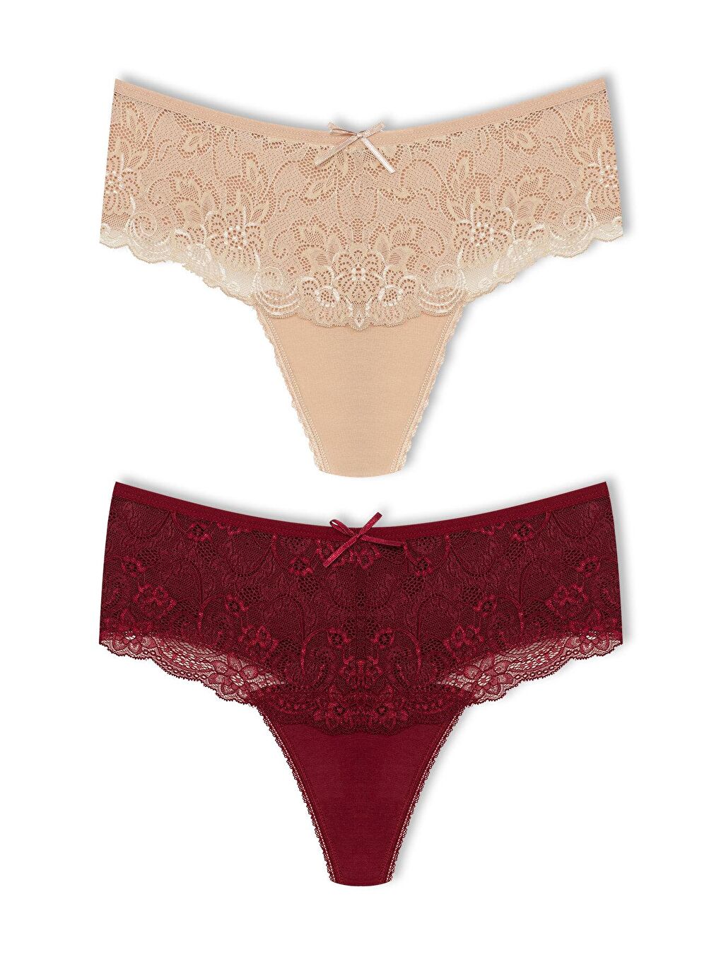 Bej Pamuklu Önü Dantel Yüksek Bel Tanga Kadın Külot 2'li