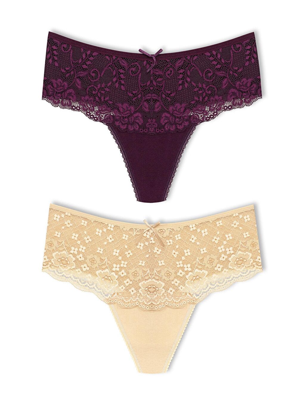Mor Pamuklu Önü Dantel Yüksek Bel Tanga Kadın Külot 2'li