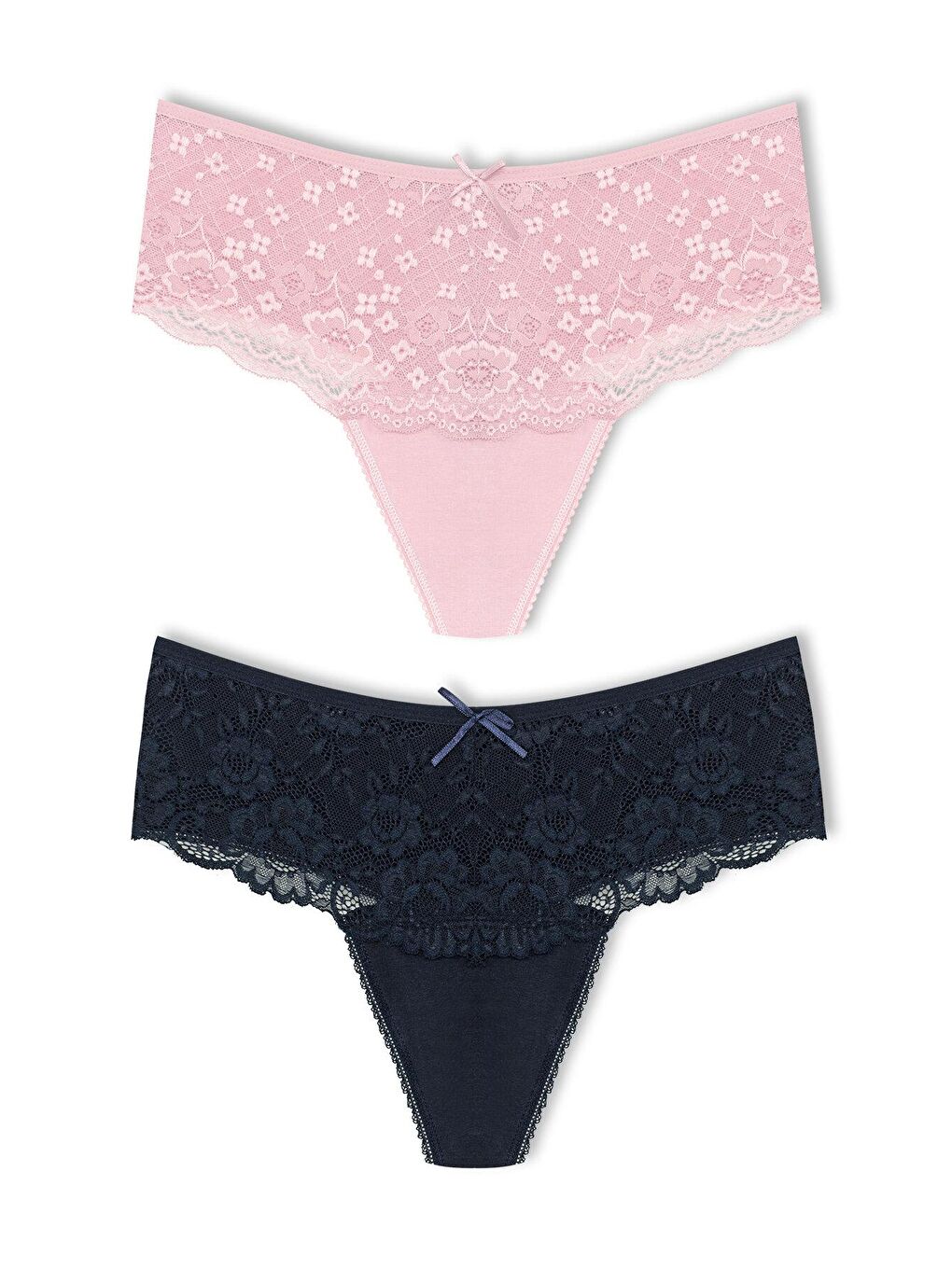 Lacivert Pamuklu Önü Dantel Yüksek Bel Tanga Kadın Külot 2'li