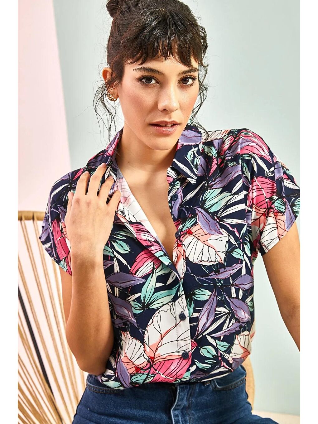 Lacivert Kadın Multi Desenli Yarasa Kol Gömlek-2