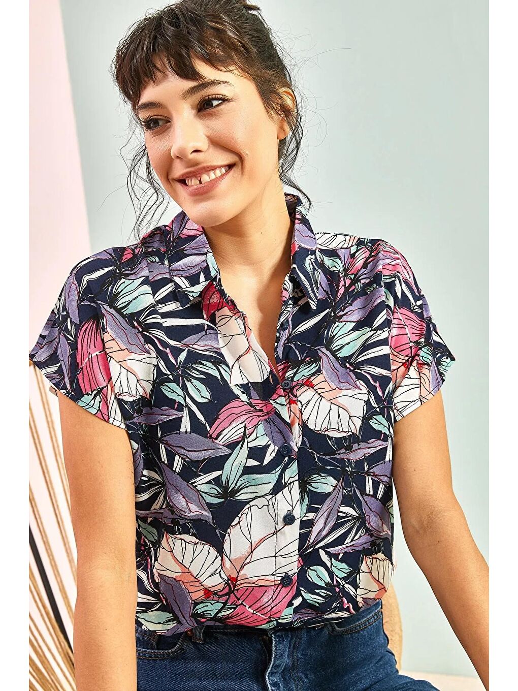 Lacivert Kadın Multi Desenli Yarasa Kol Gömlek-3