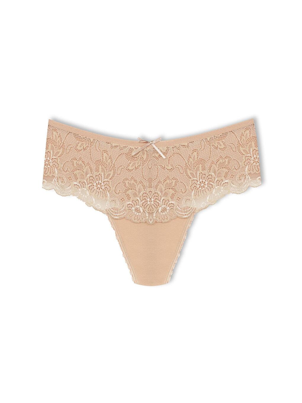 Bej Pamuklu Önü Dantel Yüksek Bel Tanga Kadın Külot 2'li-1
