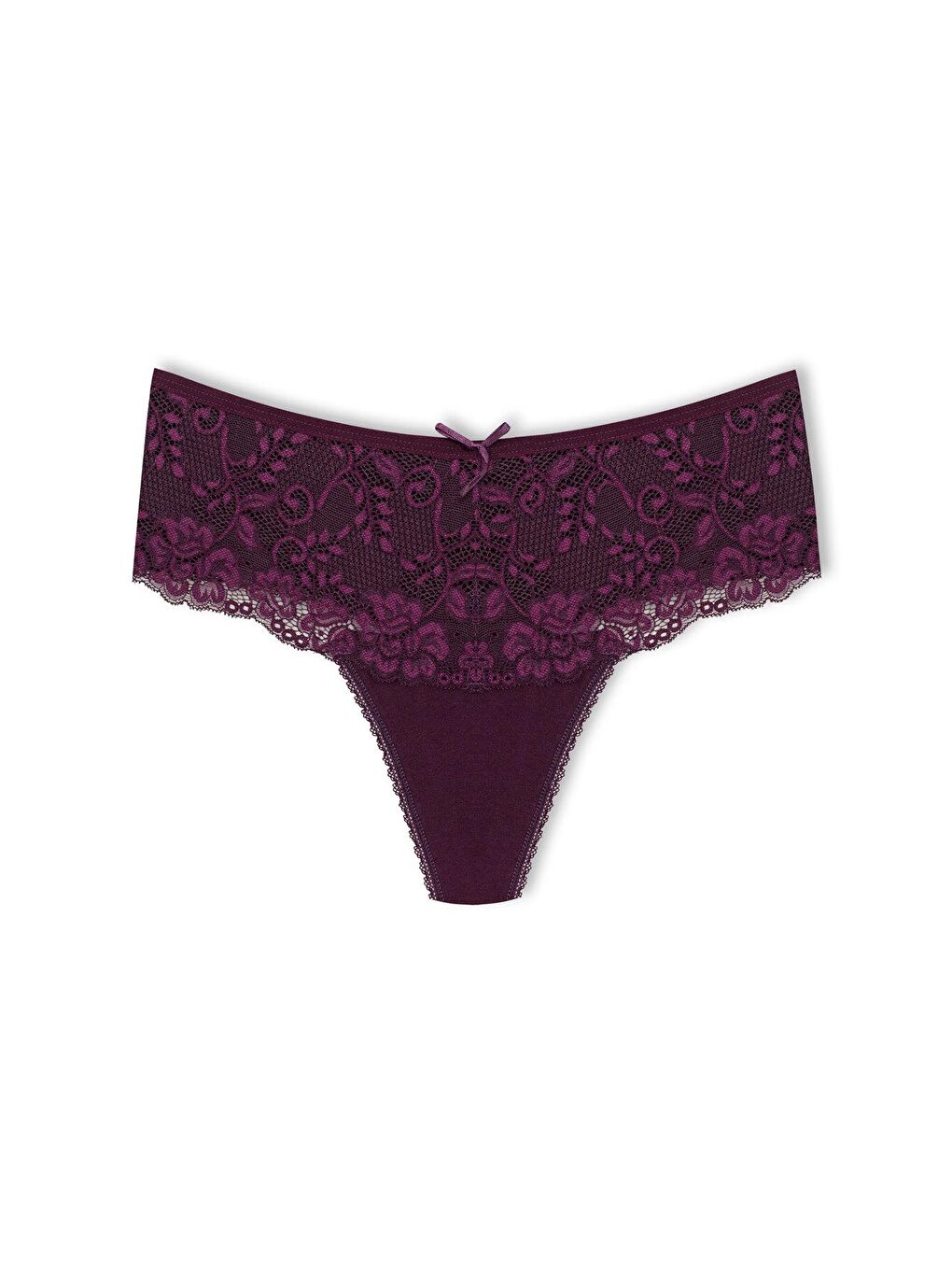 Mor Pamuklu Önü Dantel Yüksek Bel Tanga Kadın Külot 2'li-1