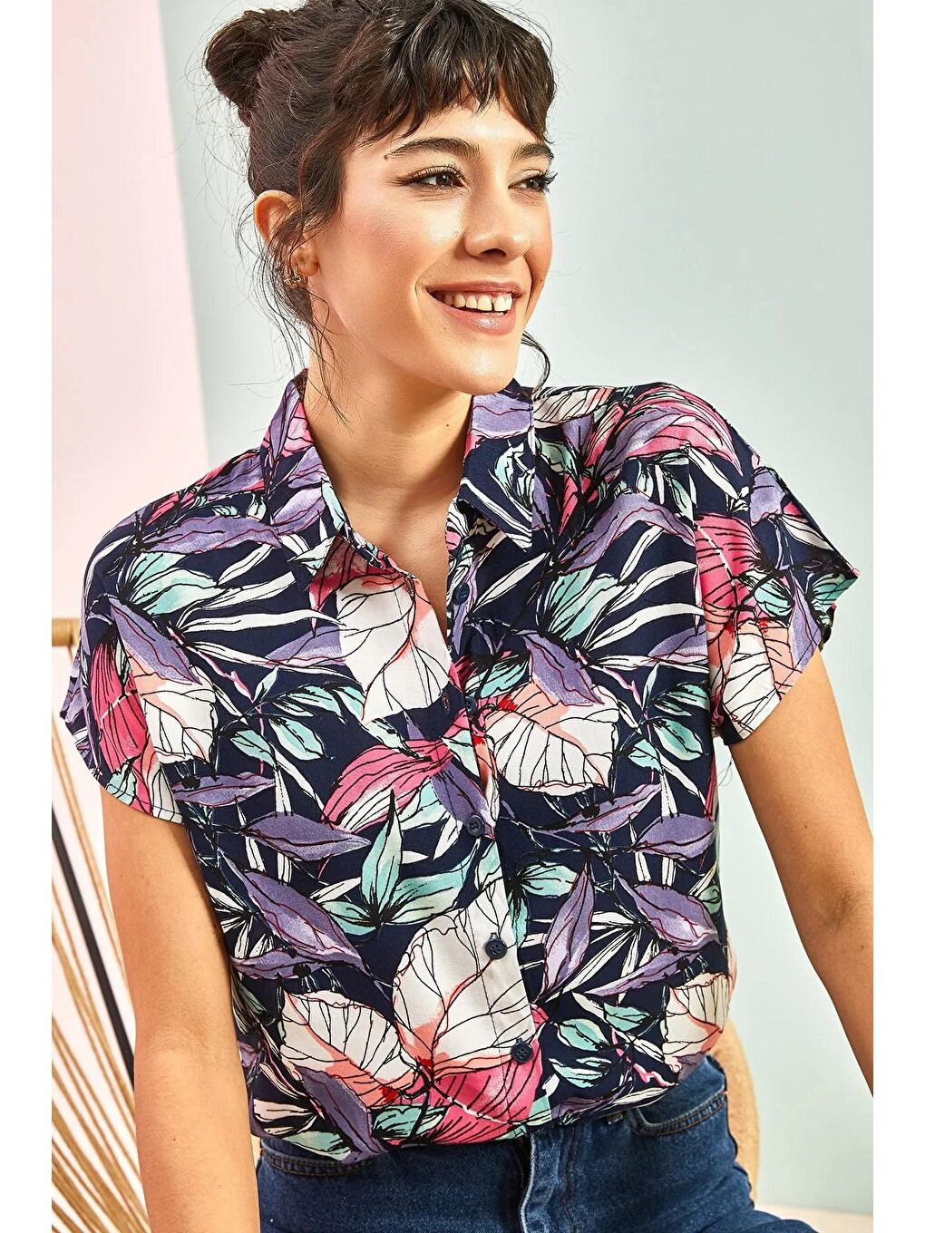 Lacivert Kadın Multi Desenli Yarasa Kol Gömlek-4