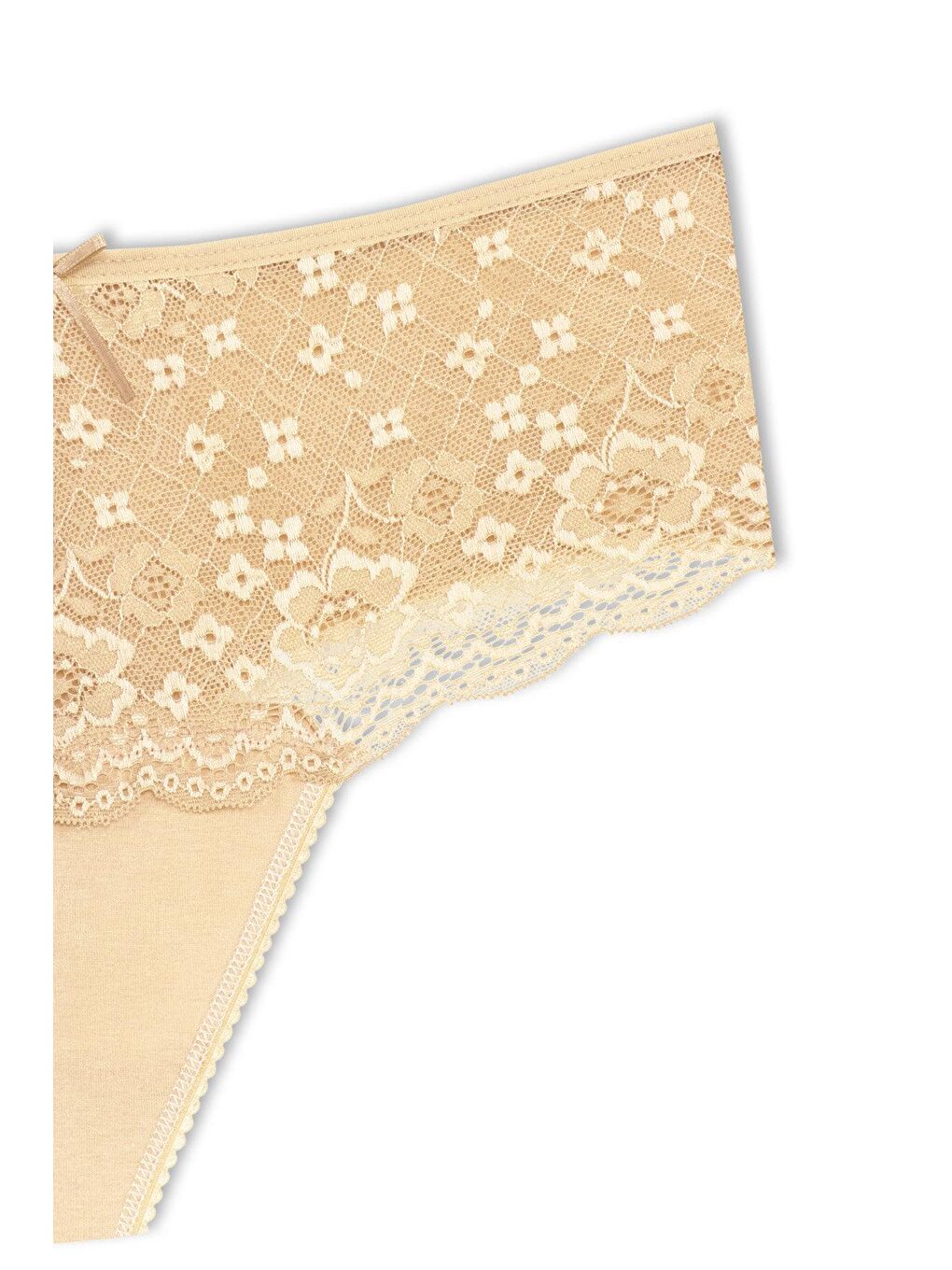 Bej Pamuklu Önü Dantel Yüksek Bel Tanga Kadın Külot-2