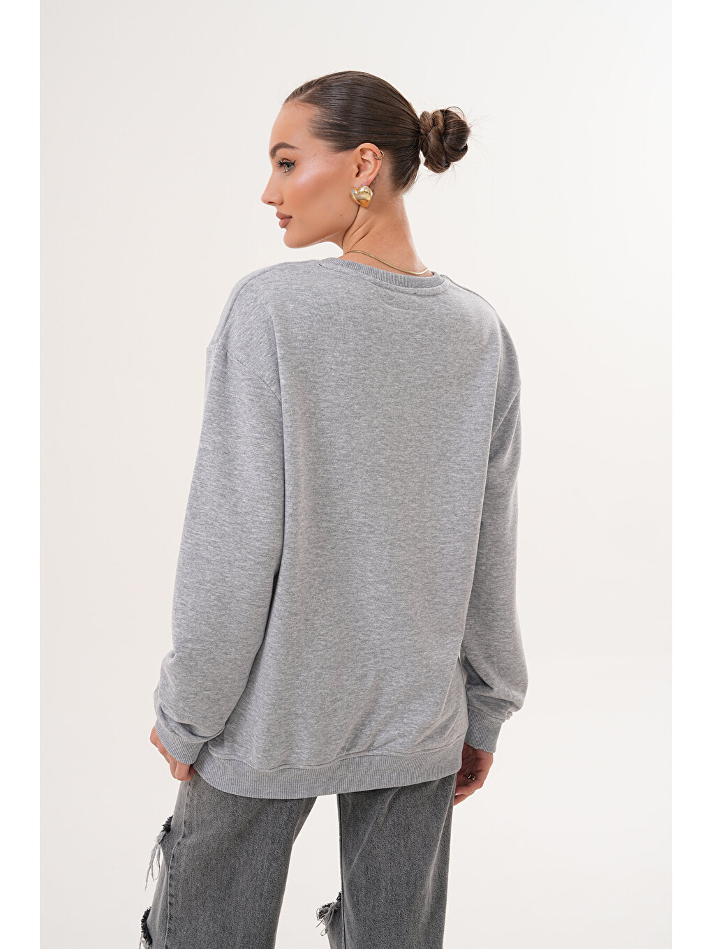 Gri Unisex Bisiklet Yaka %100 Pamuk Basic Sweatshirt-2