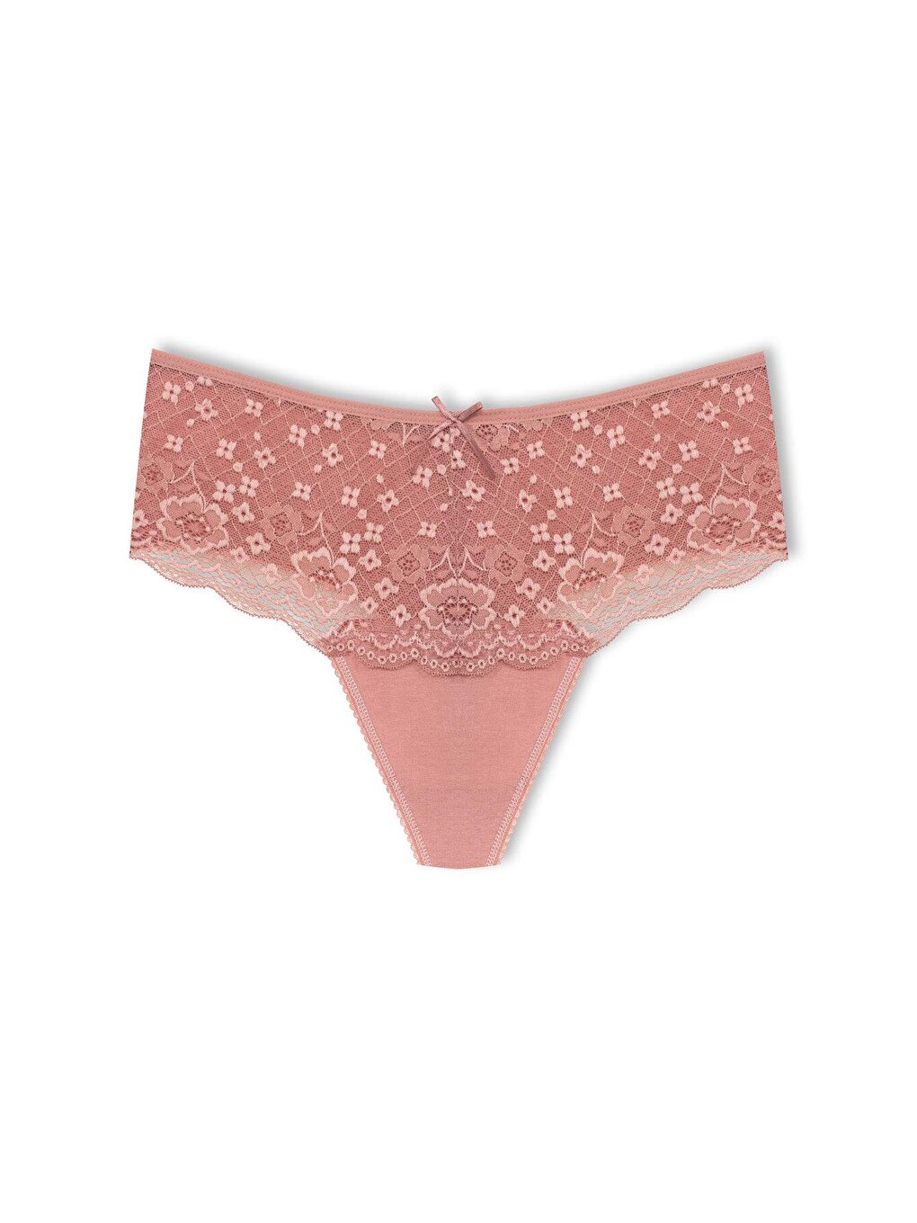 Bej Pamuklu Önü Dantel Yüksek Bel Tanga Kadın Külot
