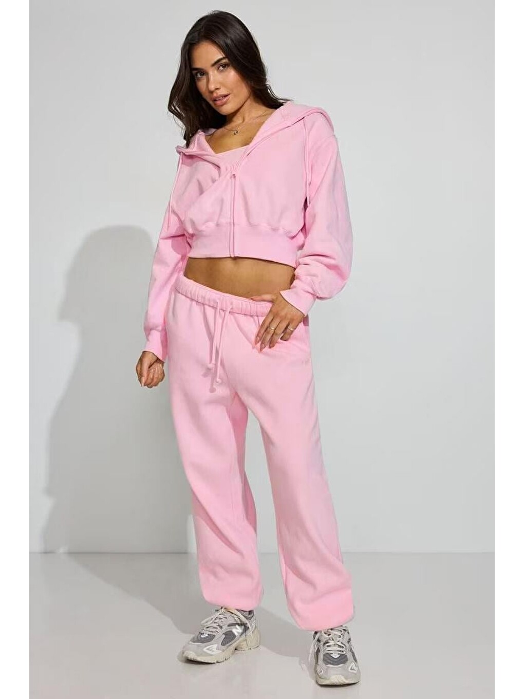 Pembe Crop Kapüşonlu Fermuarlı Kadın Sweatshirt Mg2608