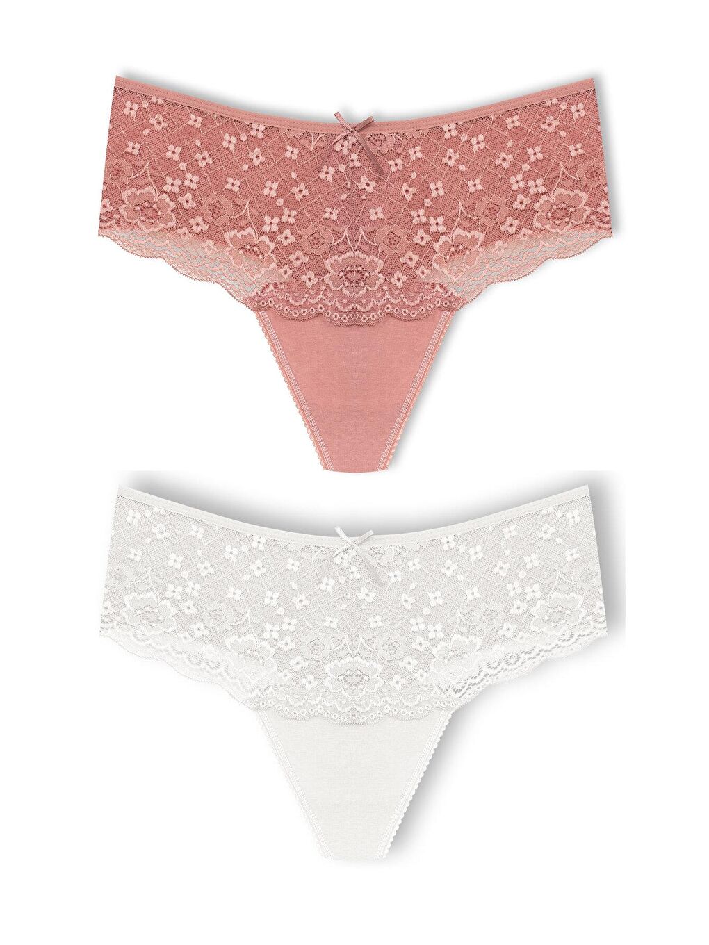 Beyaz Pamuklu Önü Dantel Yüksek Bel Tanga Kadın Külot 2'li