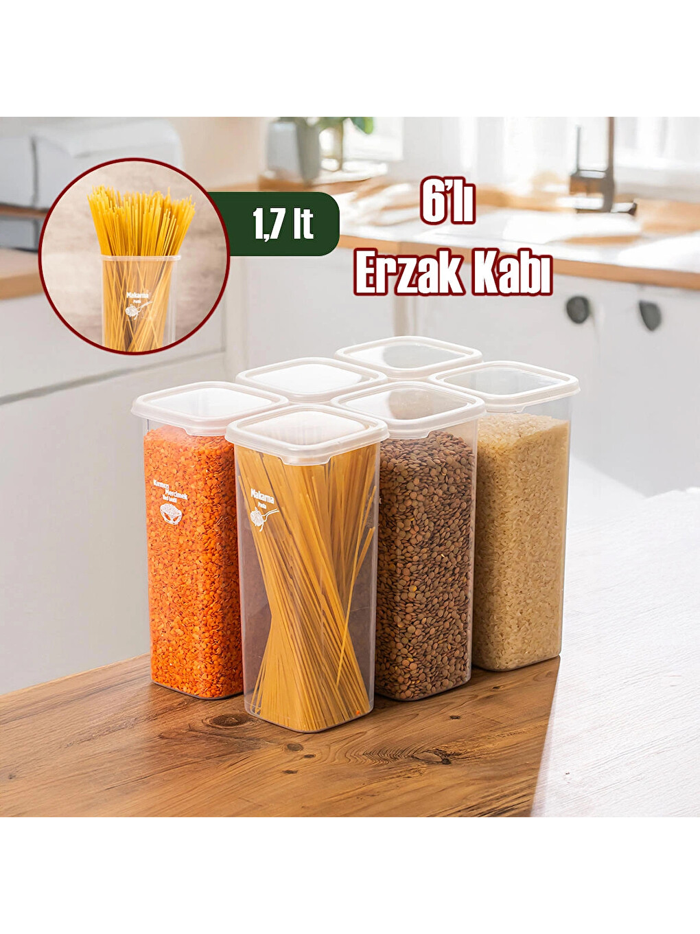 Renksiz 5341 6lı Etiketli Kare Un Erzak Bakliyat Saklama Kabı Takımı Seti 1.70 Lt - Şeffaf