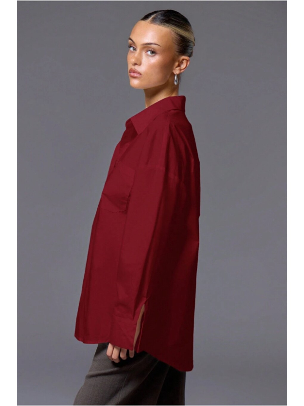 Bordo Kadın Oversize Gömlek Uzun Kollu Basic Salaş Kesim Poplin Trend Günlük Gömlek-2