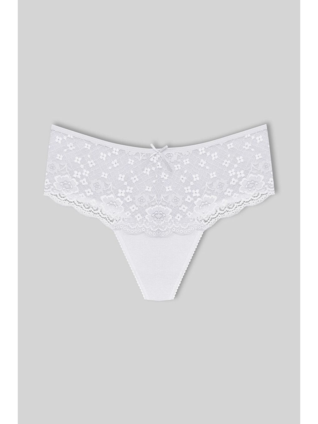 Beyaz Pamuklu Önü Dantel Yüksek Bel Tanga Kadın Külot 2'li-2