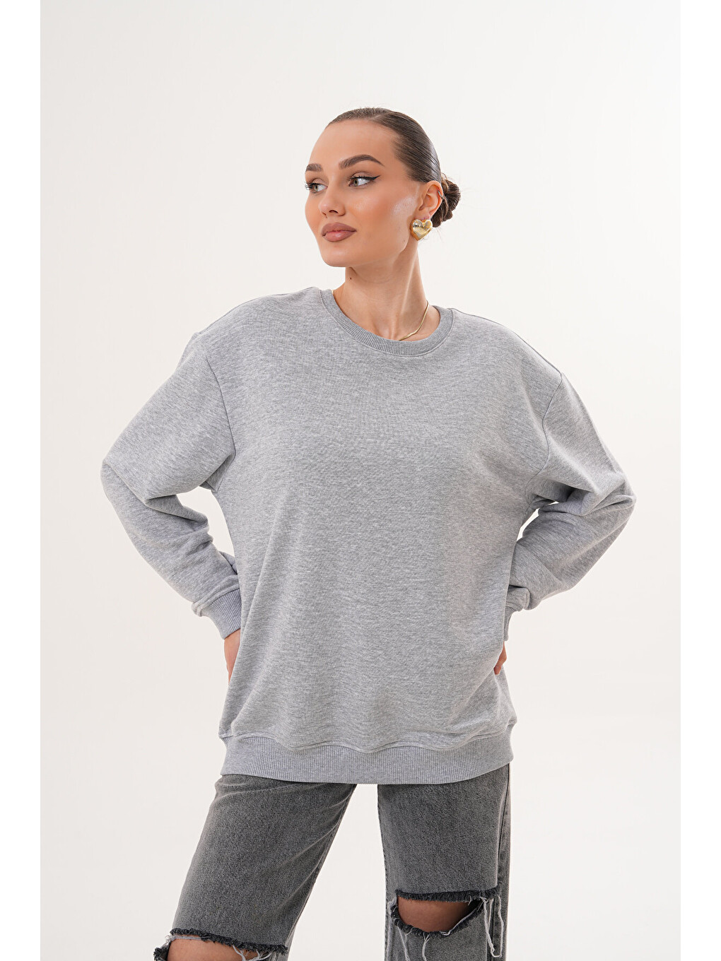 Gri Unisex Bisiklet Yaka %100 Pamuk Basic Sweatshirt-5
