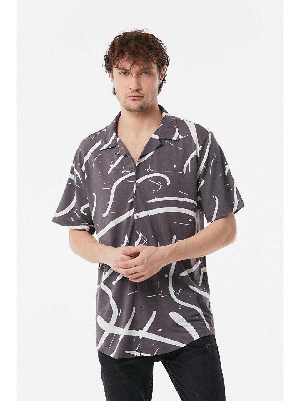 Gri Desenli Kısa Kollu Oversize Gömlek