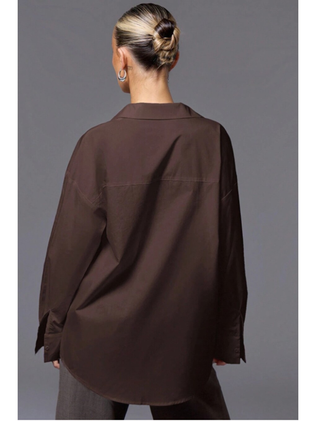 Kahverengi Kadın Oversize Gömlek Uzun Kollu Basic Salaş Kesim Poplin Trend Günlük Gömlek-3