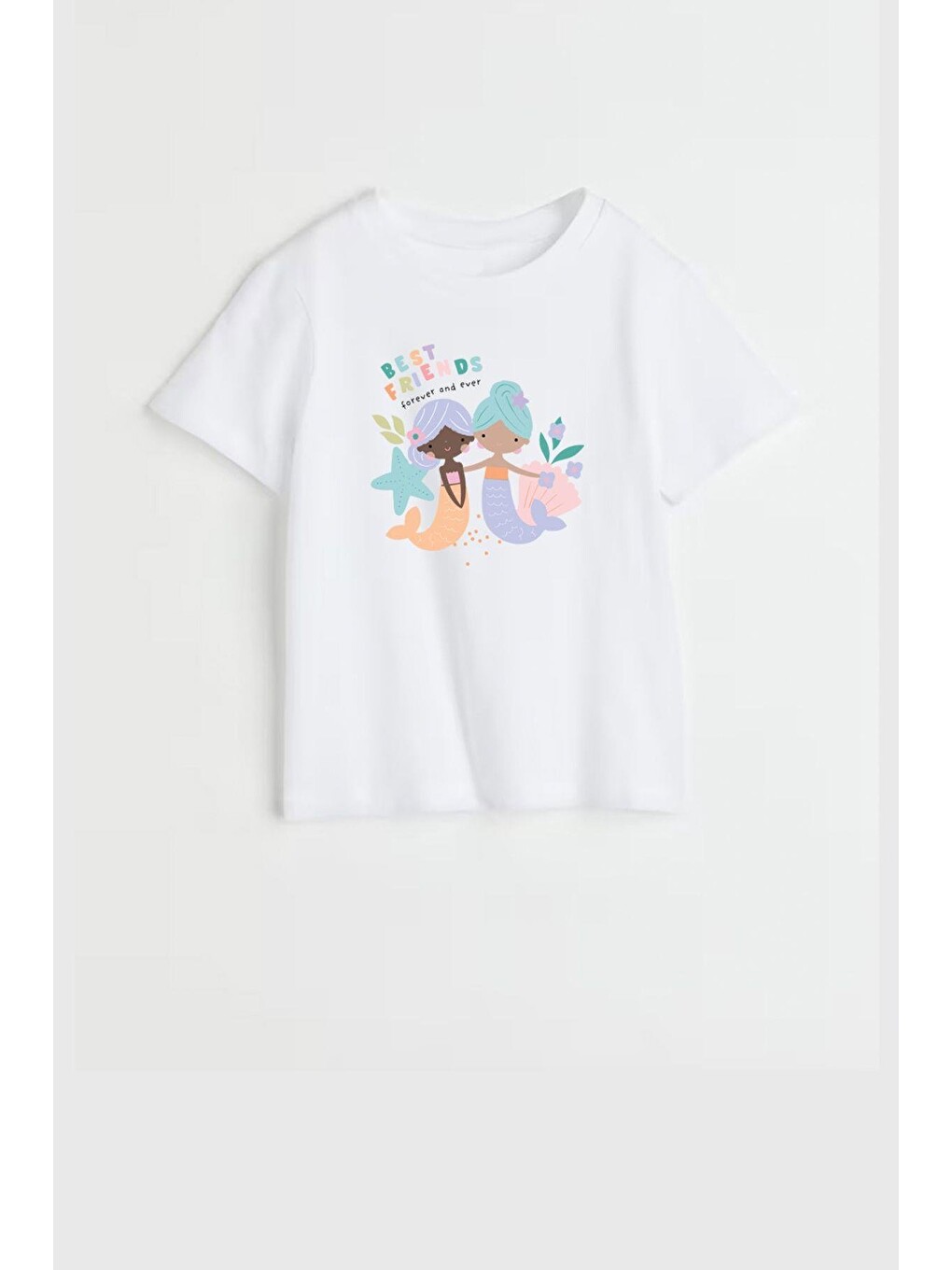 Ekru Kız Çocuk Bisiklet Yaka Deniz Kızı Baskılı Tshirt